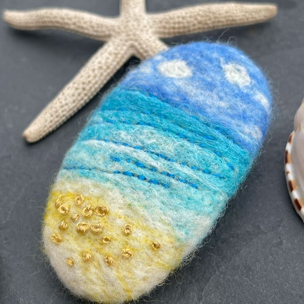 Felted Pebble Brooch – Handmade & Hand Embroidered, Cornwall Inspired