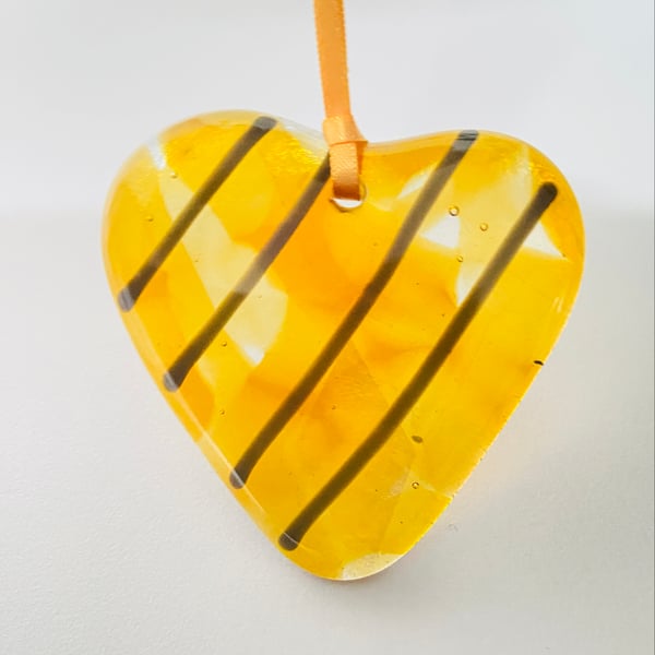 Gold and grey striped fused glass heart- sale