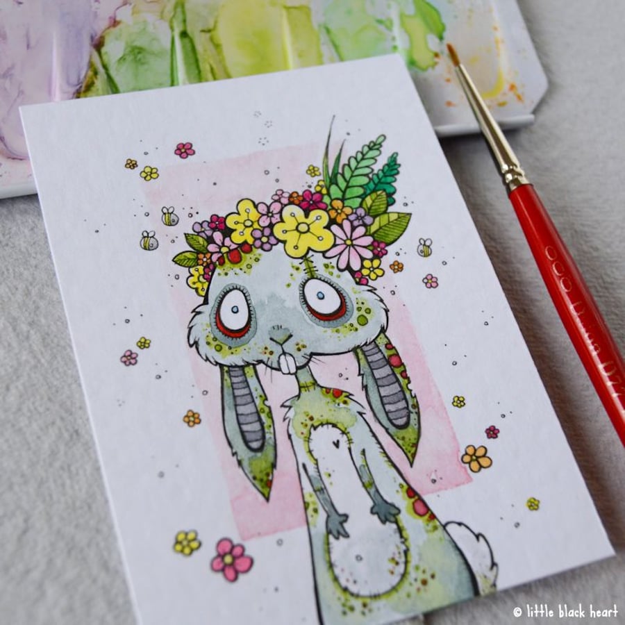 zombie bunny with a floral crown - original aceo