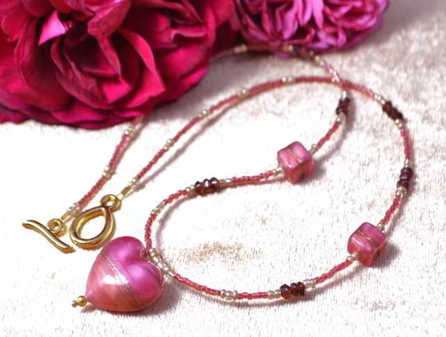 Garnet & Murano Glass Heart Necklace