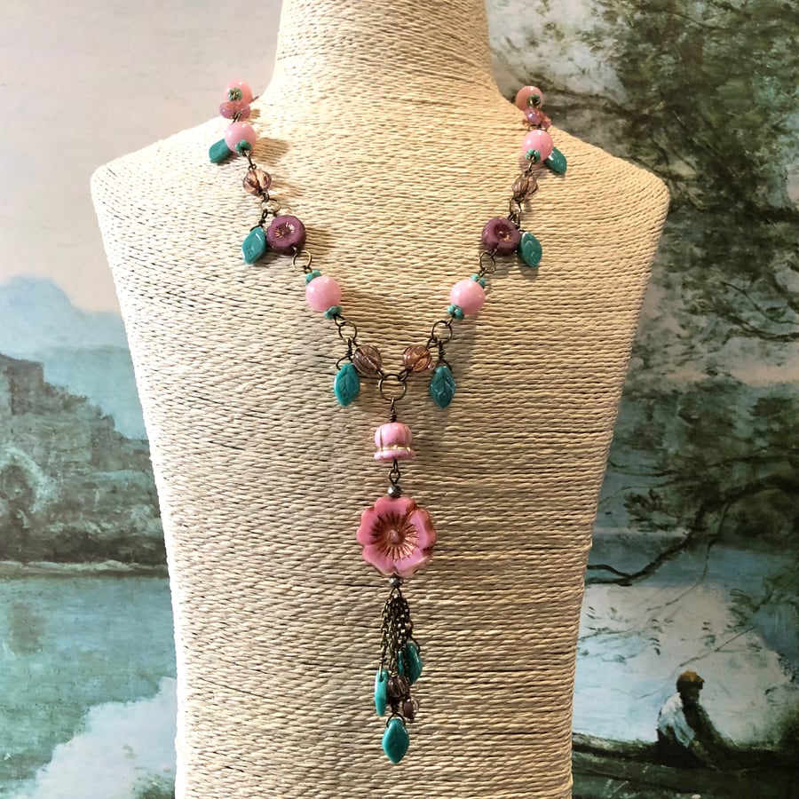 Pink Morganite & Czech Glass Flower Statement Necklace. Beaded Occasion Necklace