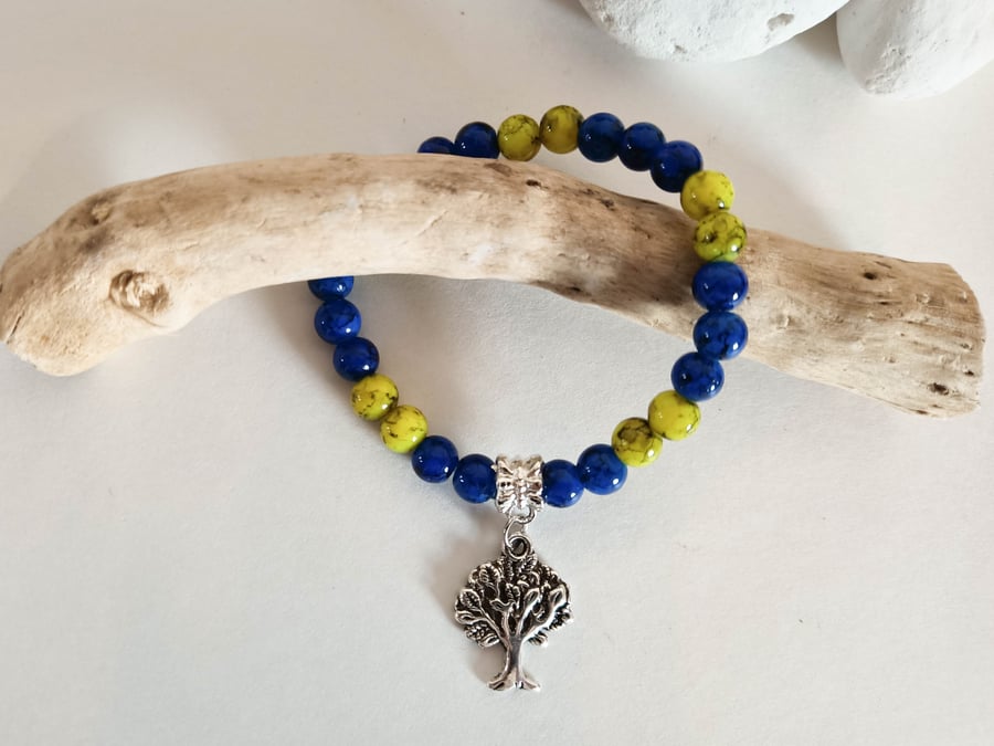 Blue and Yellow Stretch Bracelet with Silver Tree Charm