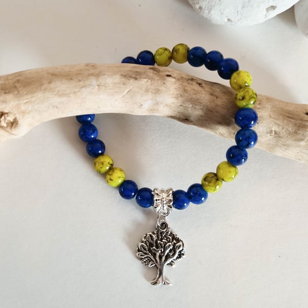 Blue and Yellow Stretch Bracelet with Silver Tree Charm