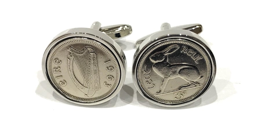 1963 Irish coin cufflinks- Great gift idea. Genuine Irish 3d threepence coin cuf