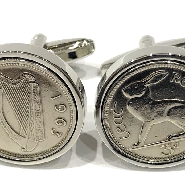 1963 Irish coin cufflinks- Great gift idea. Genuine Irish 3d threepence coin cuf