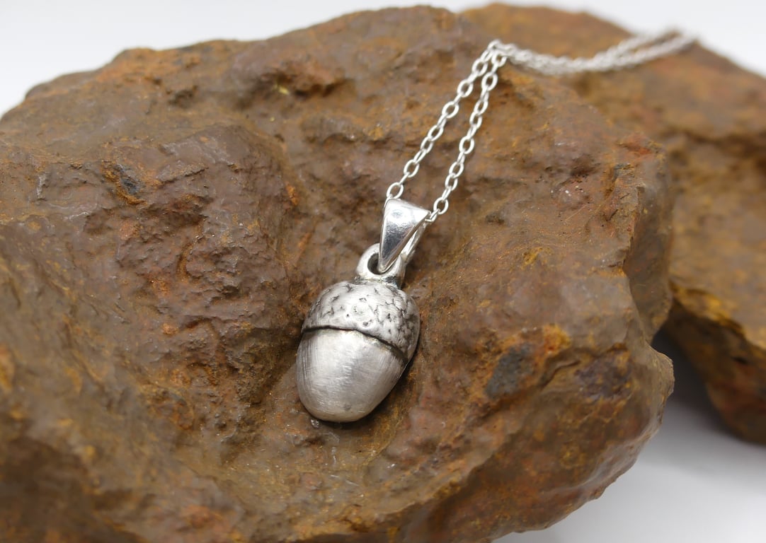 Recycled Sterling Silver Real Acorn Mould Pendant Necklace.