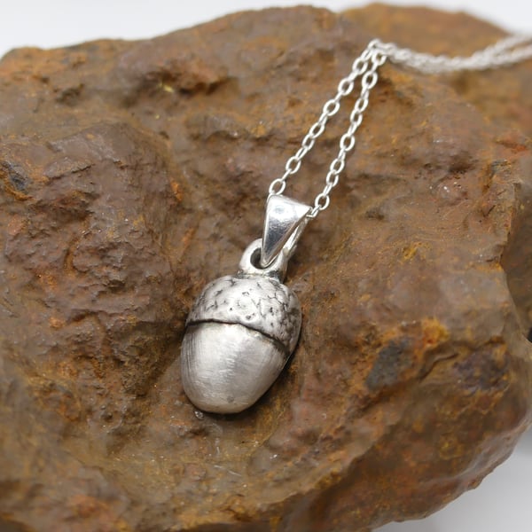 Recycled Sterling Silver Real Acorn Mould Pendant Necklace.
