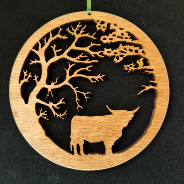 Highland Cow under the Trees - Wooden wall hanging large