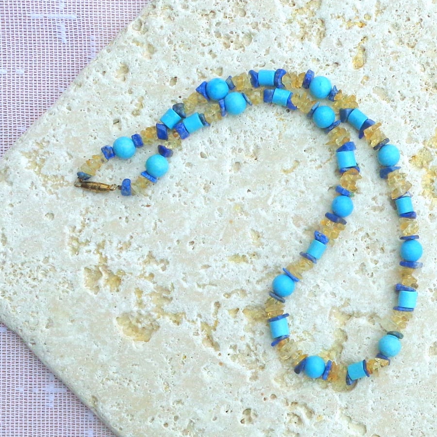 Necklace of semi-precious lapis lazuli, citrine & turquoise howlite beads