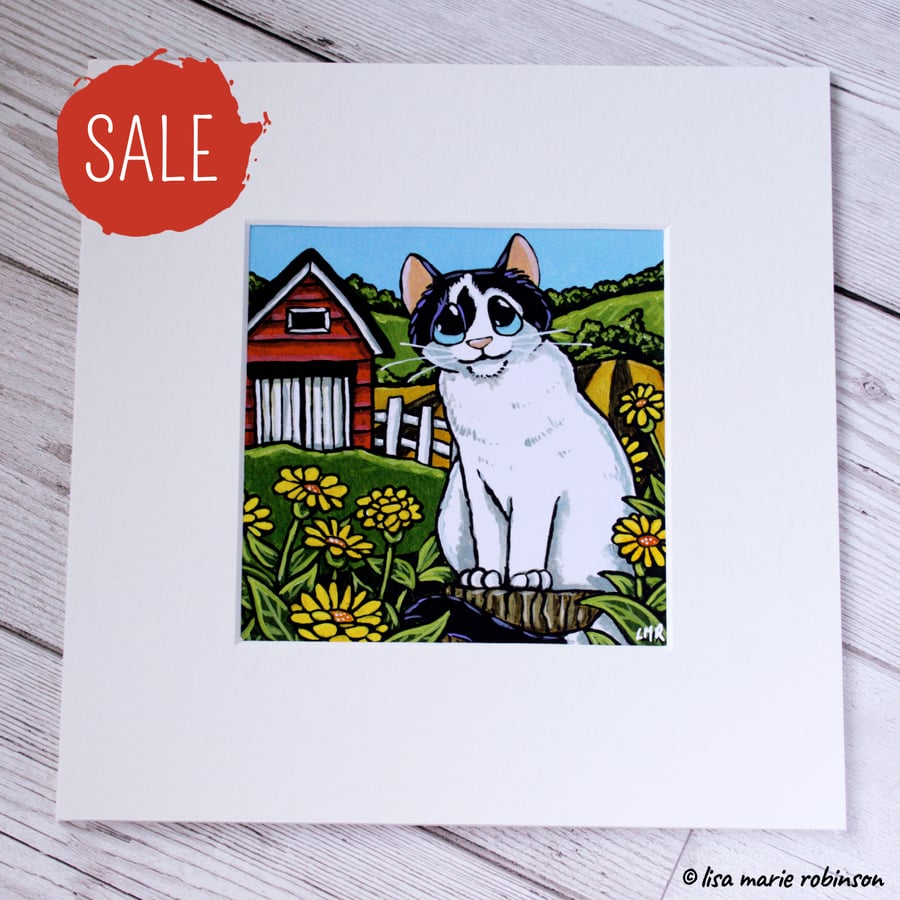 SALE - Black and White Farm Cat Mounted Print