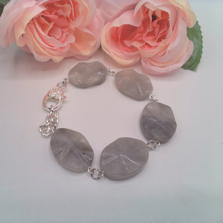 Rosary Style Chunky Silver Grey Faceted Agate Oval Beads Bracelet, Gift for Her