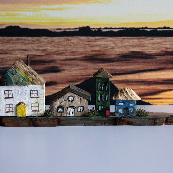 Row of 4 small Wonky Hooses - Houses, Driftwood Art from Scotland