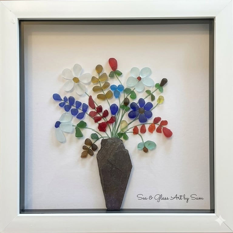 Handmade Sea Glass Wildflower Picture - Framed 8x8 Bouquet in Slate Pebble Vase