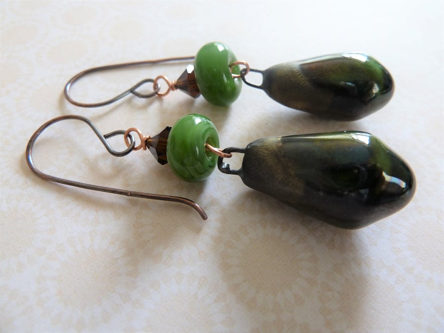 SALE green lampwork, copper and ceramic earrings,