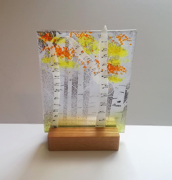 Fused Glass Silver Birch Ornament: Autumn Woods Art with Ash Stand