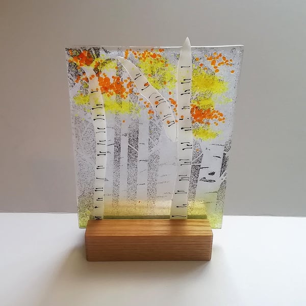 Fused Glass Silver Birch Ornament: Autumn Woods Art with Ash Stand