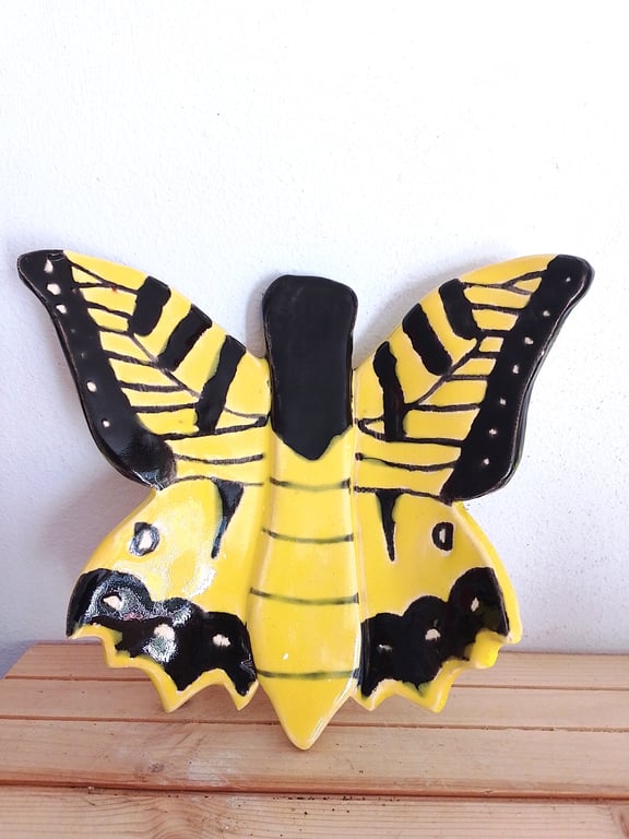 Butterfly wall art, Ceramic hand made yellow and black butterfly plaque
