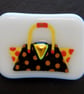 HANDMADE FUSED DICHROIC GLASS 'RED & YELLOW HANDBAG' BROOCH. - Image 1