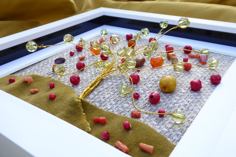 Autumn Tree Falling Leaves Framed 3D Collage Art 8" Using Recycled Materials