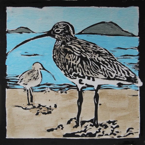 Curlew lino print, limited edition