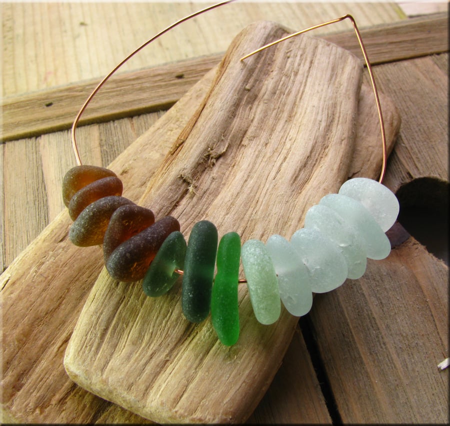 14 Natural sea glass beads, middle drilled, supplies (2)