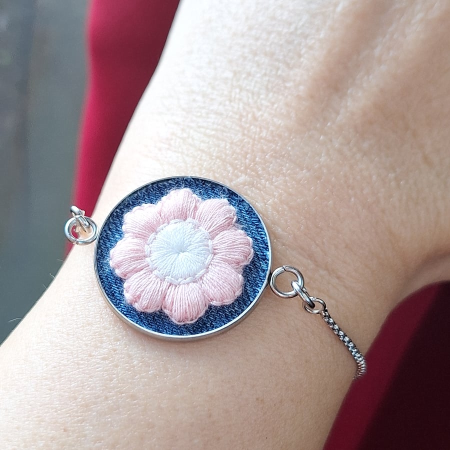 Spring Daisy Bracelet - Light Pink and White Flower on Denim - Adjustable Chain