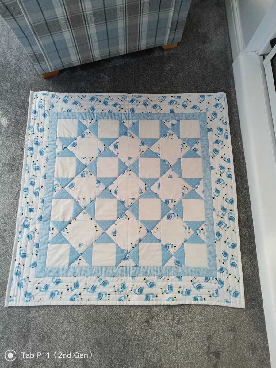 Baby Blue & White Dinosaur Quilt, Handmade, 40ins x 40ins, Washable