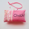 Pink cotton pincushion, pincushion with stitched letters, Ouch pincushion