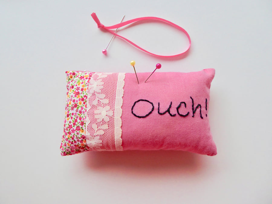 Pink cotton pincushion, pincushion with stitched letters, Ouch pincushion