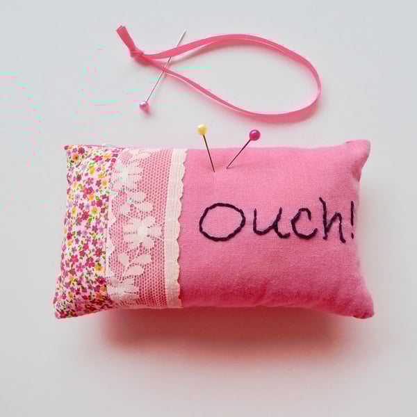 Pink cotton pincushion, pincushion with stitched letters, Ouch pincushion