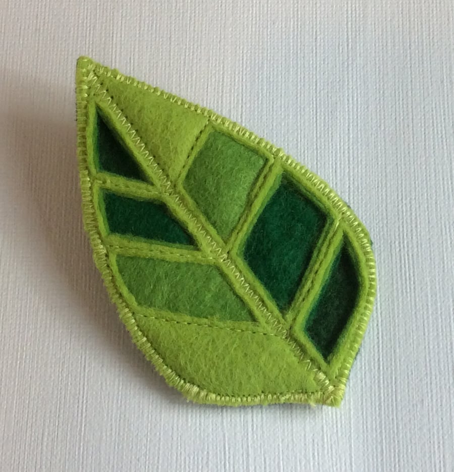 Felt leaf brooch, shades of green