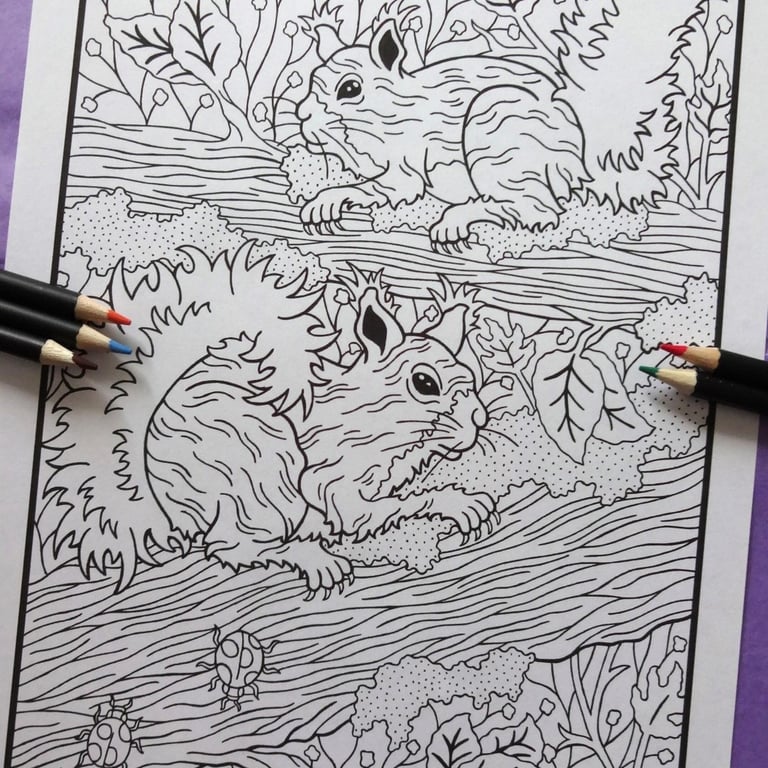 Squirrels Woodland Animals A4 Colouring Page Printable JPG by S Godwin Studio