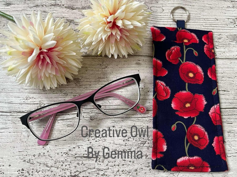 Fabric glasses pouch for lanyards navy poppy design teacher nurse doctor
