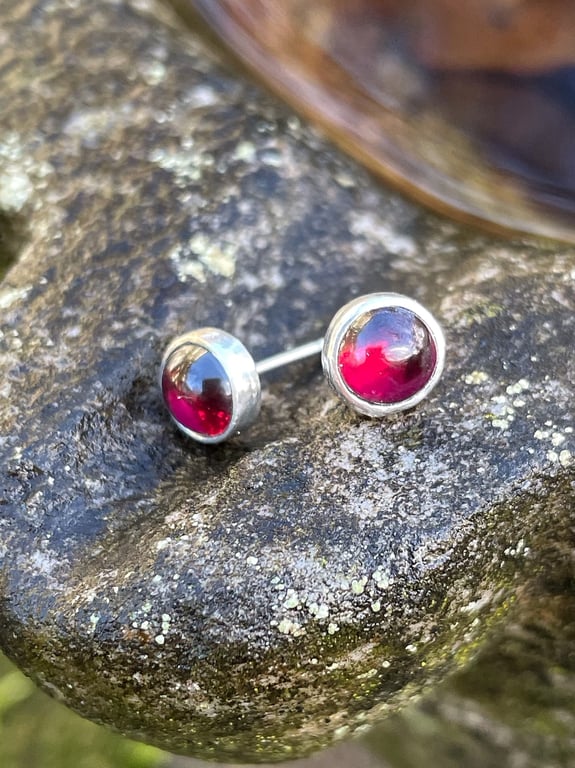  Garnet stud earrings sterling silver , gemstone studs pinky red