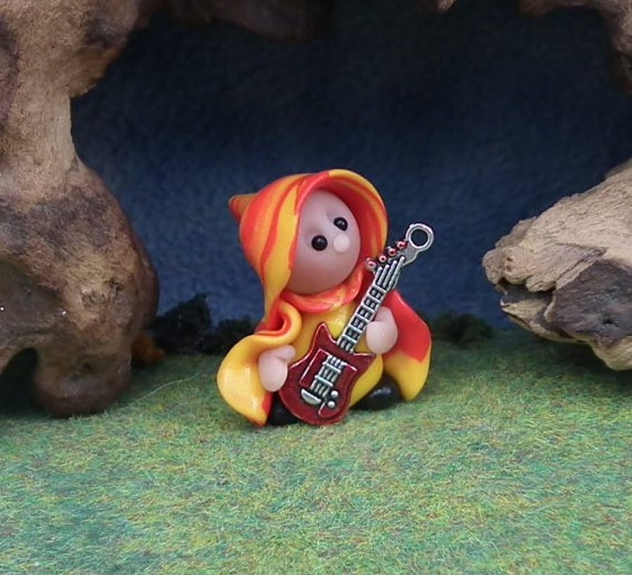 Tiny Minstrel Gnome 'Mona' with metal guitar OOAK Sculpt Ann Galvin