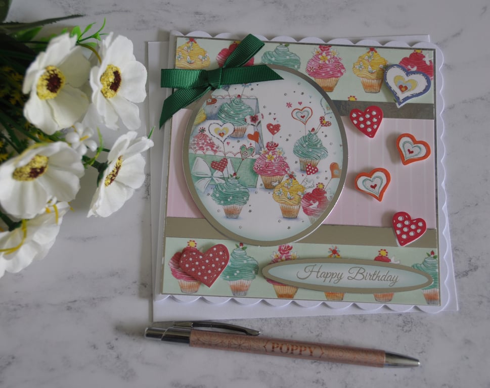 Birthday Card Happy Birthday Box of Cupcakes 3D Luxury Handmade Card