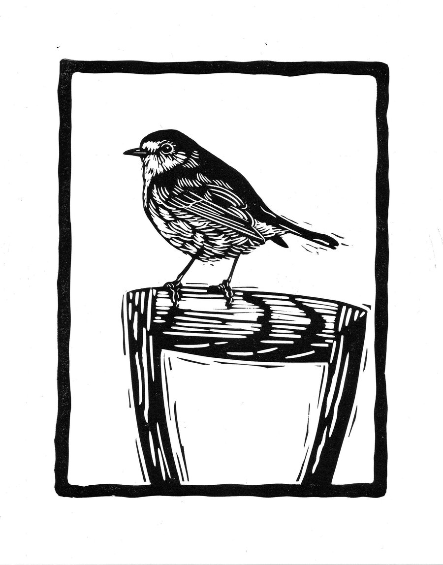 Gardener's Friend - robin in the garden linocut