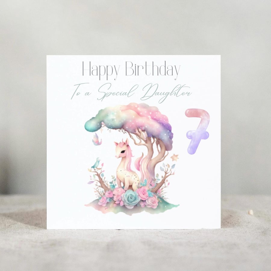 Daughter 7th Birthday Unicorn Card