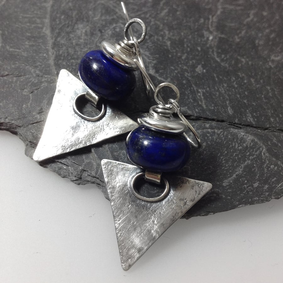 Sterling silver and lapis lazuli triangular earrings