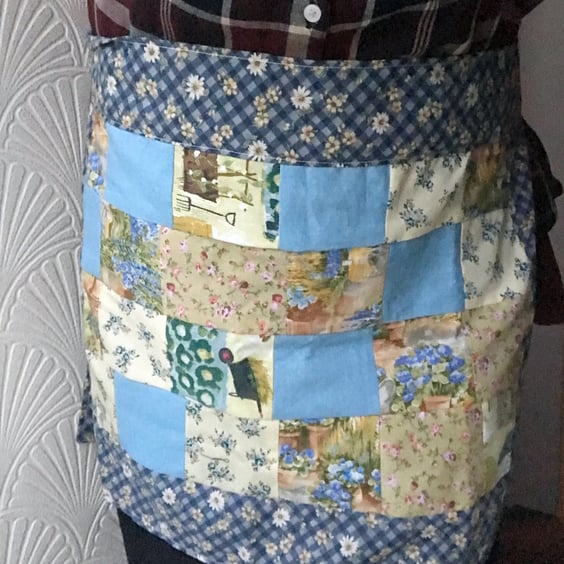 Blue Patchwork Cotton Apron, Handmade