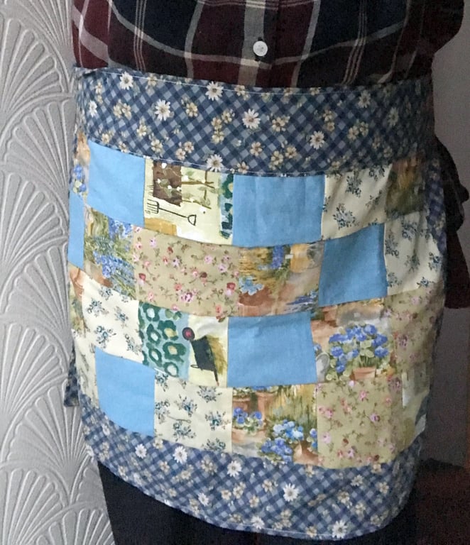 Blue Patchwork Cotton Apron, Handmade