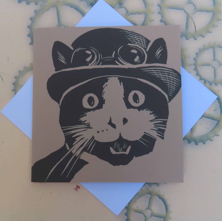 Steampunk Cat Art Greeting Card From Original Lino Cut Print Beige