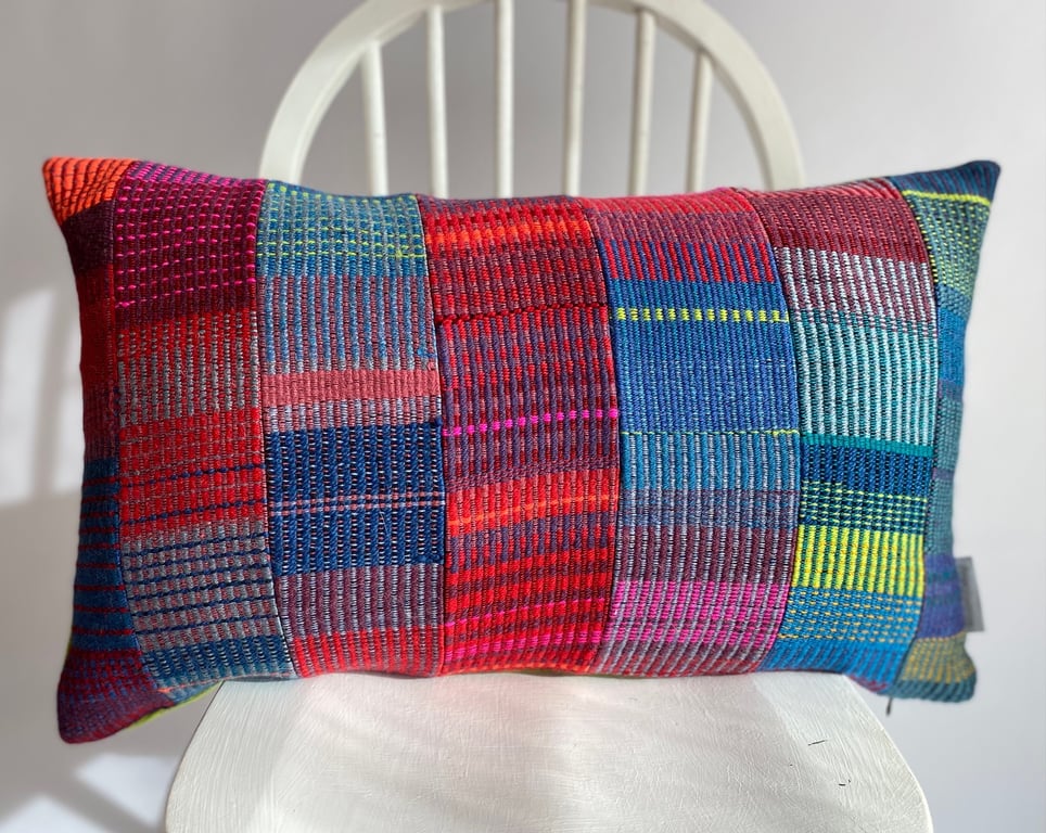 Patchwork 3:Hand woven cushion, designed and made by Yvonne Skelton
