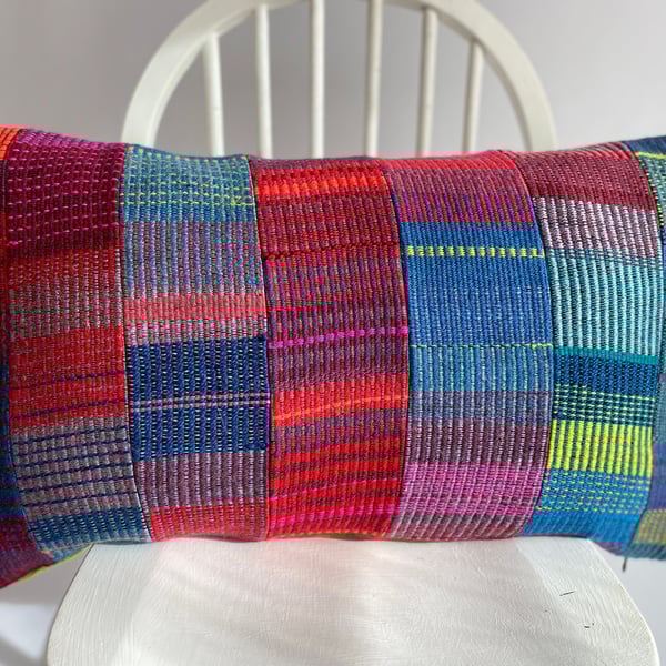 Patchwork 3:Hand woven cushion, designed and made by Yvonne Skelton