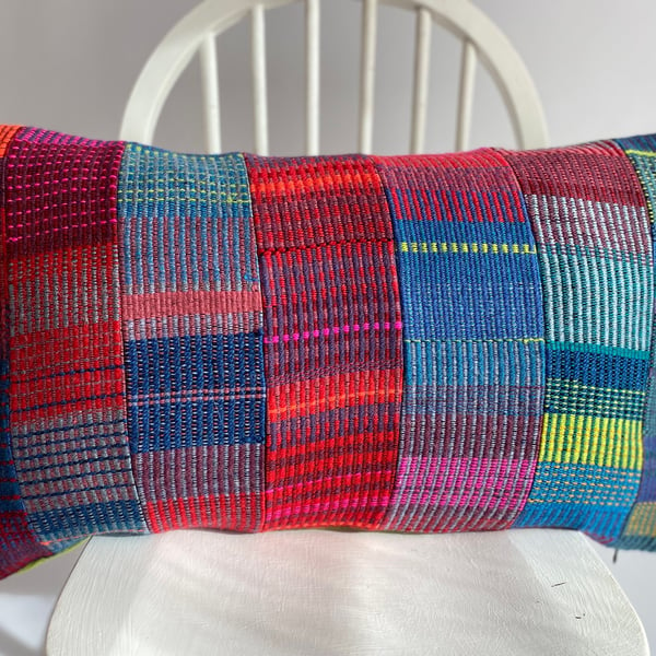 Patchwork 3:Hand woven rectangle shaped Cushion, hand crafted using British wool