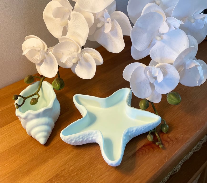 Eco-resin starfish and conch shell set of two small decorative dishes