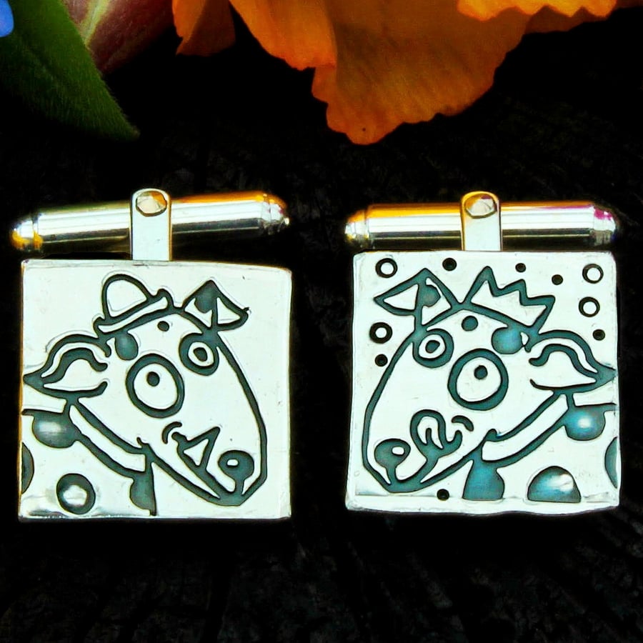 Dog cufflinks, sterling silver cufflinks, hallmarked, dogs with hats cuff-links 