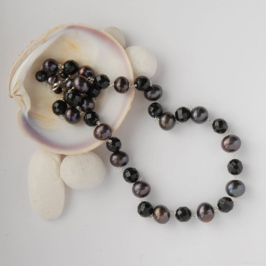 Black pearl and onyx sterling silver necklace