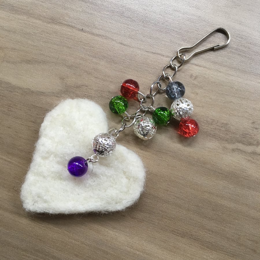 Needle felted heart bag charm or key fob, white heart with multicoloured beads