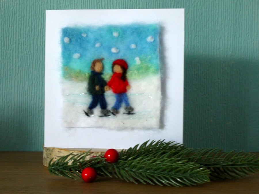 Needle Felted Skating Couple christmas greetings card
